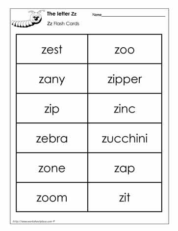 Word Wall Words for the Letter Z
